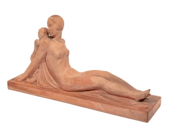 French Art Deco Terracotta Sculpture of a Reclining Nude Maiden and Putto
