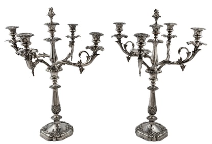 Pair of Monumental Antique English Silverplate Five-Light Candelabra