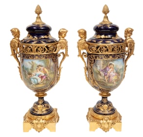 Pair of Sevres-Style Bronze-Mounted Polychrome and Gilt Porcelain Lidded Urns