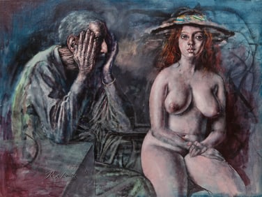 Noel Rockmore, American/Louisiana 1928-1995, "From Life: Old Man and Girl, New Orleans", acrylic on