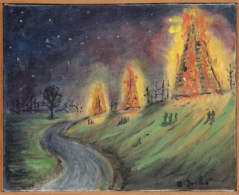 Steele Burden, American/Louisiana 1900-1995, ?Bonfires on the Levee?, oil on canvas