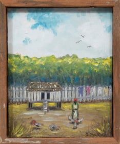 Steele Burden, American/Louisiana 1900-1995, ?Feeding Chickens?, oil on canvas