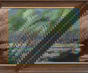 Steele Burden, American/Louisiana 1900-1995, ?Louisiana Swamp with Purple Hyacinths?, oil on board