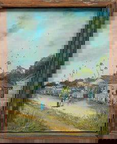 Steele Burden, American/Louisiana 1900-1995, ?Row Houses and Figures", oil on canvas