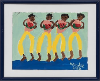 Woodie Long, American/Alabama 1942-2009, "Four Figures with Watermelons", paint on paper mounted to