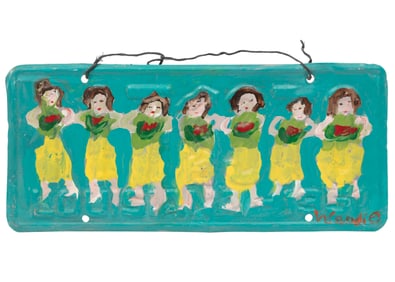 Woodie Long, American/Alabama 1942-2009, ?Women with Watermelons?, 2 paint on found license plates