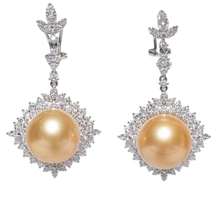 Pair of 18 kt. White Gold, Golden South Sea Pearl and Diamond Dangle Earrings