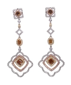 Pair of Three-Tone Gold and Multicolored Diamond Dangle Earrings