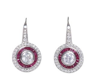 Pair of Platinum, Ruby and Diamond Earrings