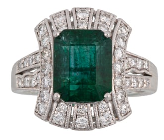 Art Deco Style Platinum, Emerald and Diamond Ring