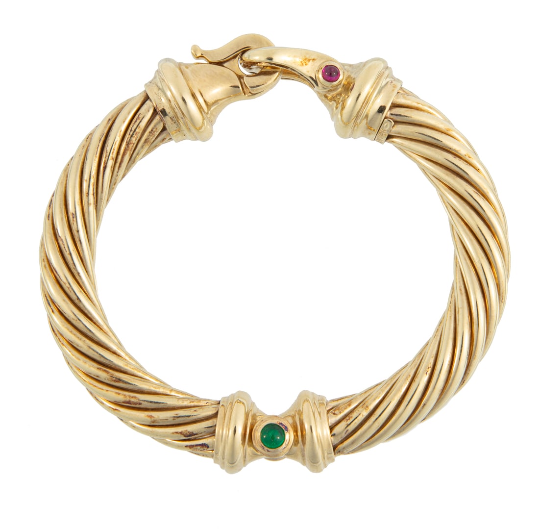 David Yurman 14 Kt. Yellow Gold, Emerald and Ruby Buckle 9 mm Classic Cable Bracelet (1 of 3)