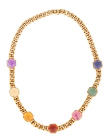 Italian 18 kt. Yellow Gold and Multicolor Cabochon Gemstone Necklace