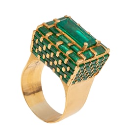 Modernist 14 kt. Yellow Gold and Emerald Ring
