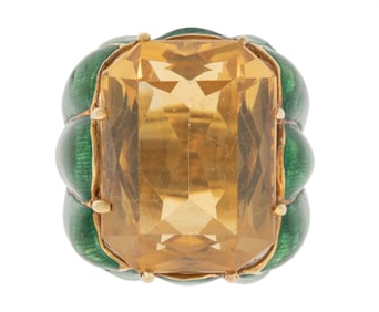 18 kt. Yellow Gold, Citrine and Guilloche Enamel Ring