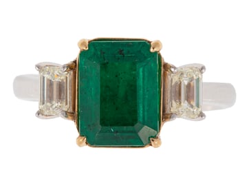 Platinum, 18 kt. Yellow Gold, Emerald and Diamond Ring