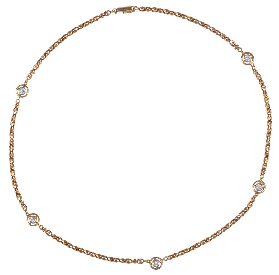 14 kt. Yellow Gold and Diamond Chain Necklace: 14 kt. Yellow Gold and Diamond Chain Necklacemarked "14k", mounted with 5 round brilliant cut diamonds, approx. 4.10 mm, total wt. approx. 1.25 cts., I-J color, SI1-SI2 clarity; l. 19 in., 9.61 dwts.