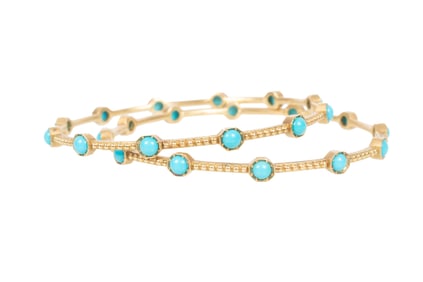 Pair of Sylva & Cie 18 kt. Yellow Gold and Cabochon Turquoise Bangle Bracelets