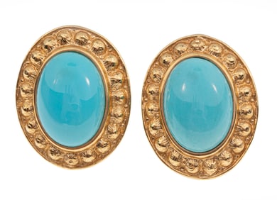 Pair of 18 kt. Yellow Gold and Cabochon Turquoise Earrings