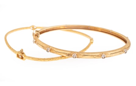Two Yellow Gold and Diamond Bangle Bracelets