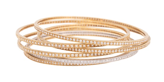 Six 18 kt. Gold and Diamond Bangle Bracelets