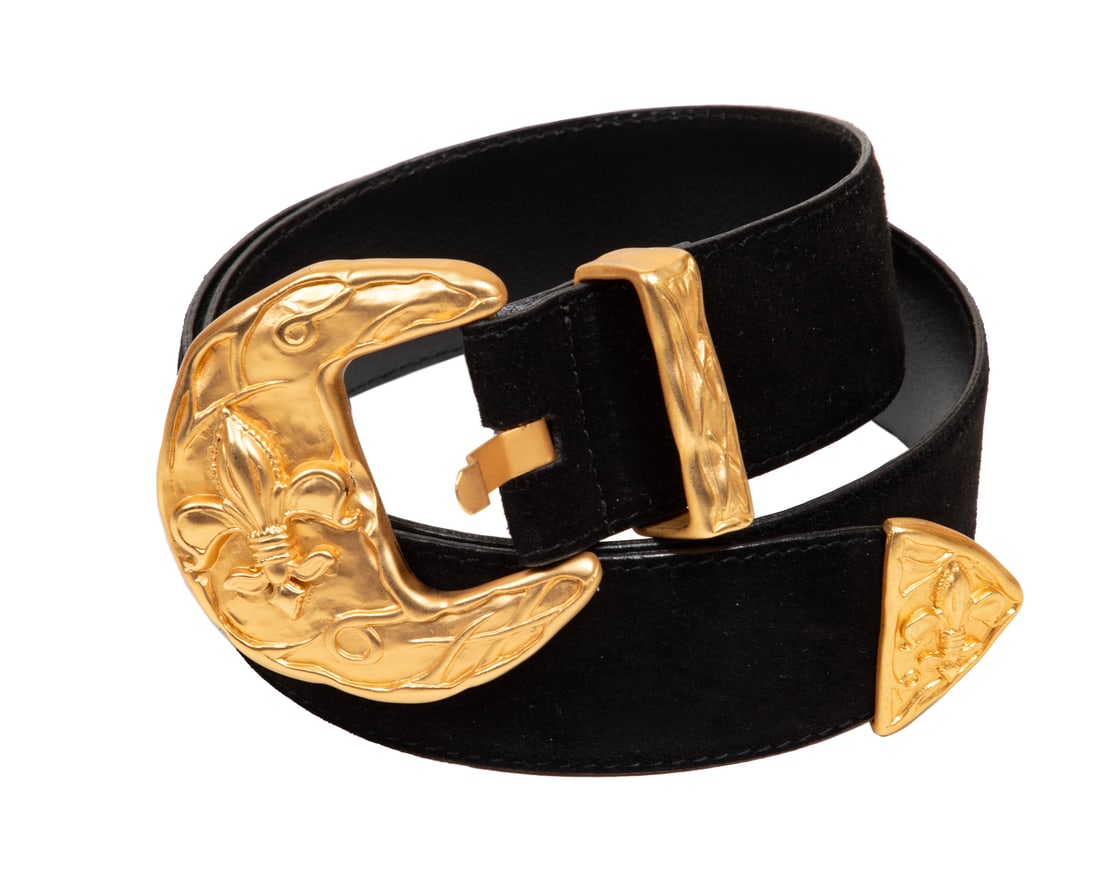 Vintage Escada Black Suede Belt with Gold-Tone Metal Fleur-de-Lis Buckle: Vintage Escada Black Suede Belt with Gold-Tone Metal Fleur-de-Lis Bucklemade in Germany, labeled "00301/900", size 42, l. 36 in.