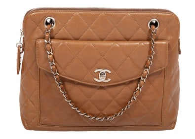 Vintage Chanel Quilted Neutral Leather Front Pocket Shoulder Bag