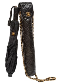 Chanel Black Quilted Lambskin Leather Umbrella Case with Chanel Nylon Umbrella