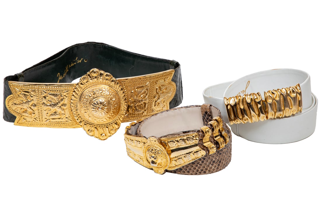 Three Vintage Judith Leiber Belts: Three Vintage Judith Leiber Beltsmarked, adjustable bands, incl. green snakeskin, l. 31 in.; snakeskin, l. (max) 40 in, l. (min) 25 in.; and white leather, l. (max) 34 in., l. (min) 20 in.