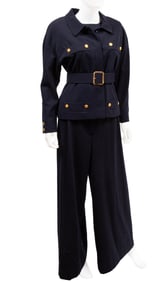 Vintage Chanel Navy Belted Pant Suit with Silk Blouse