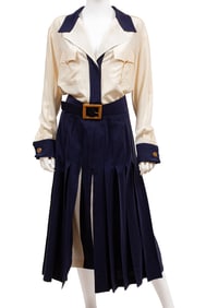 Vintage Chanel Cream and Navy Silk Belted Skirt Set