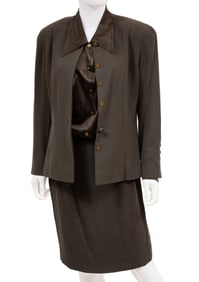 Vintage Chanel Military Green Wool Skirt Suit and Silk Button Down Blouse, Fall/Winter 1994