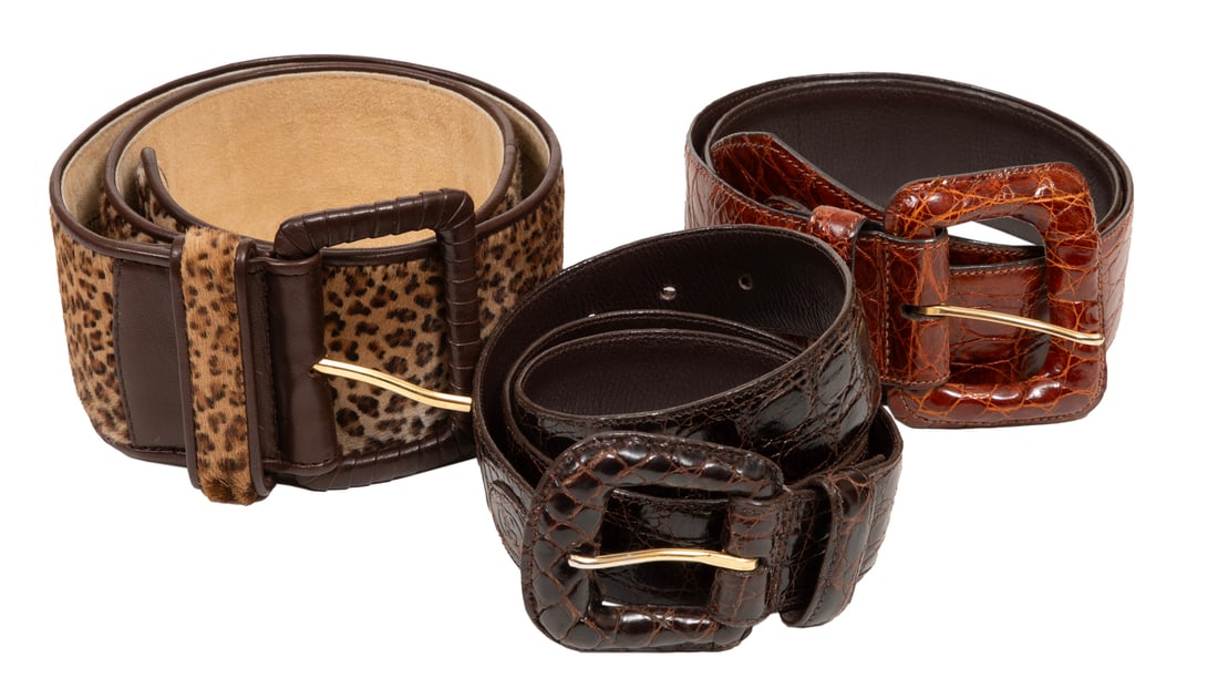Three Vintage Designer Belts: Three Vintage Designer Beltsincl. Gucci cognac brown reptile leather, labeled, "9950", size medium, l. 37 1/2 in.; Gucci dark brown reptile leather, labeled, "9948", size large, l. 40 in.; vintage Bot