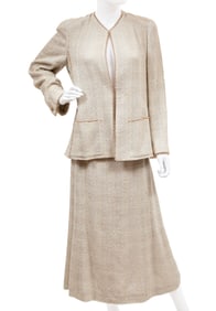 Vintage Chanel Beige Tweed Skirt Suit with Pearl Trim, Spring/Summer 1999