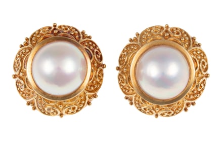 Pair of Cynthia Bach 18 kt. Yellow Gold and Mabe Pearl Earrings