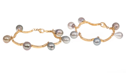 Two 14 kt. Yellow Gold and Baroque Pearl Bracelets