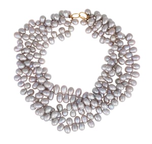 14 kt. Yellow Gold and Triple Strand Silver Gray Baroque Pearl Necklace