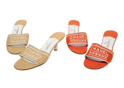 Two Pairs of Vintage Chanel Embroidered Linen Logo Kitten Heel Mules