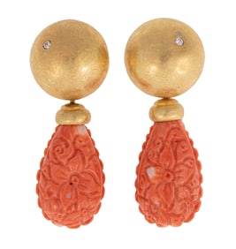 Pair of 18 kt. Yellow Gold and Carved Coral Earrings