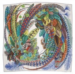 Hermès [Hermes] "Plumes en Fête" Silk and Cashmere Shawl 140