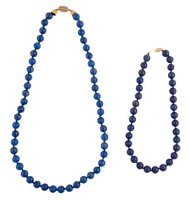 Two 14 kt. Yellow Gold and Lapis Lazuli Bead Necklaces