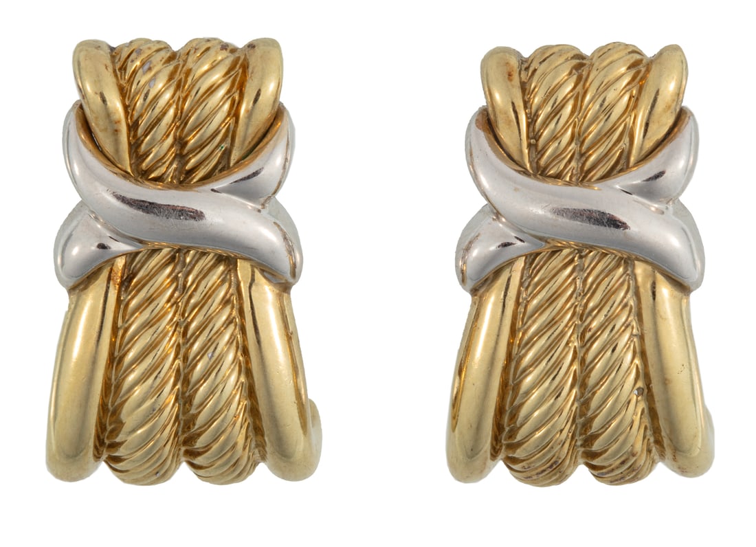 Pair of David Yurman 14 kt. Yellow and White Gold Cable X Earrings: Pair of David Yurman 14 kt. Yellow and White Gold Cable X Earringsmarked, l. 1 in., 11.88 dwts.
