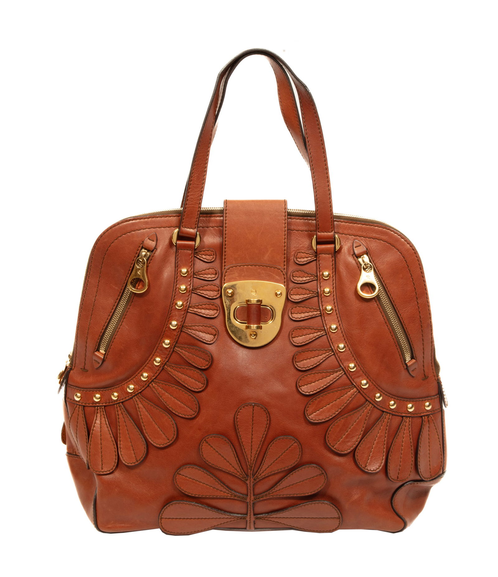 Alexander McQueen Brown Leather Novak Bag: Alexander McQueen Brown Leather Novak Bagmade in Italy, interior label, logo turn-lock closure, gold-tone hardware, h. 14 3/8 in. w. 15 in., d. 4 3/4 in., strap drop h. 7 1/4 in.