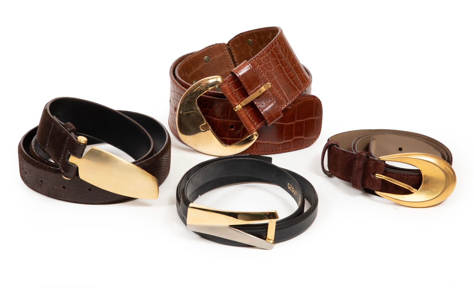 Four Vintage Leather Belts: Four Vintage Leather Beltsincl. Miramare belt with gold-tone hardware, made in Italy, labeled "85/48", l. 41 in.; and three others, l. 37 in., l. 38 in., and l. 38 1/4 in.