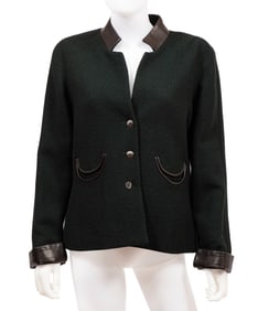 Vintage Chanel Green Wool Blend Jacket with Black Lambskin Leather Trim, Fall/Winter 2000