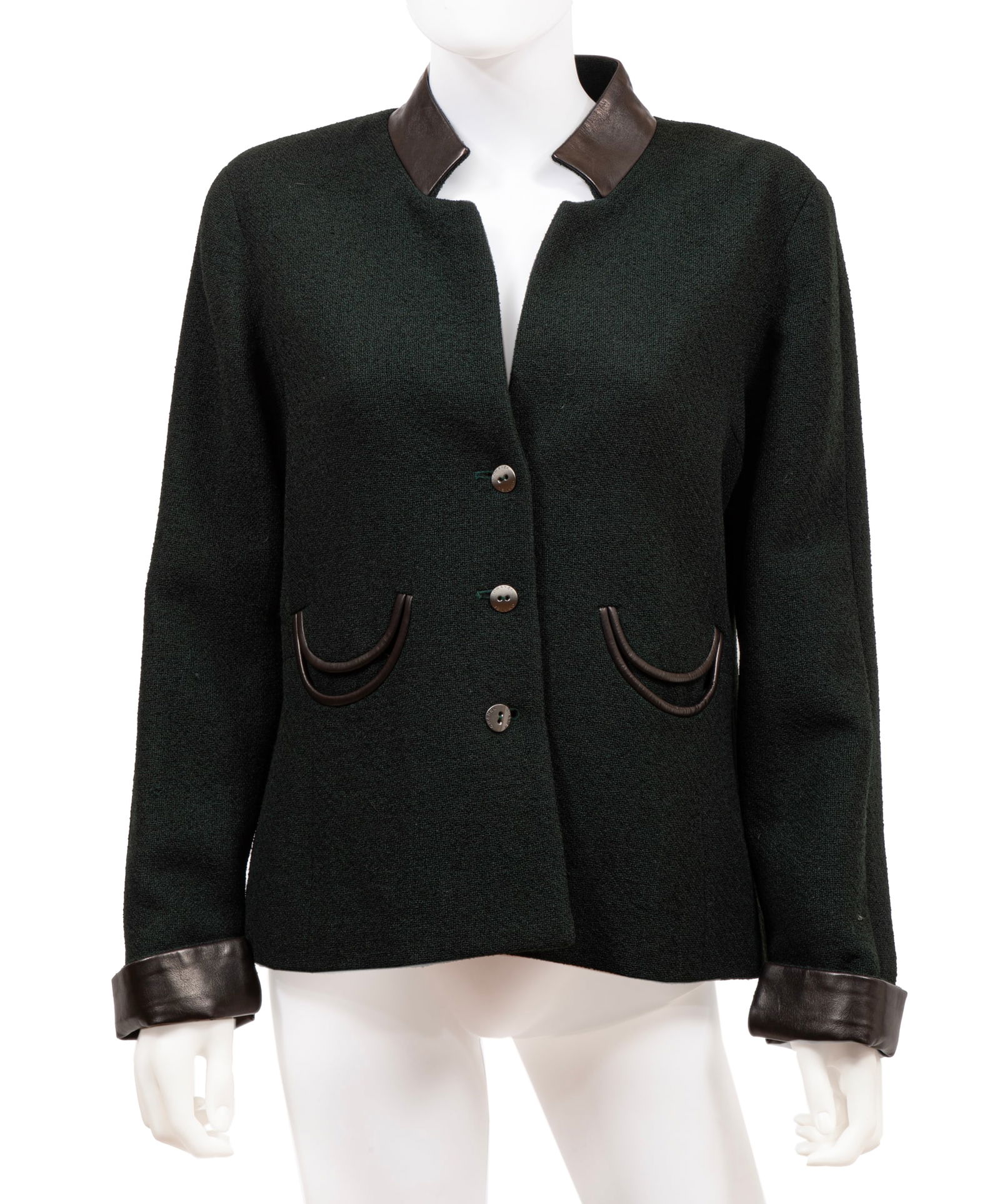 Vintage Chanel Green Wool Blend Jacket with Black Lambskin Leather Trim, Fall/Winter 2000 (1 of 5)