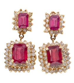 Pair of 14 kt. Yellow Gold, Ruby and Diamond Dangle Earrings