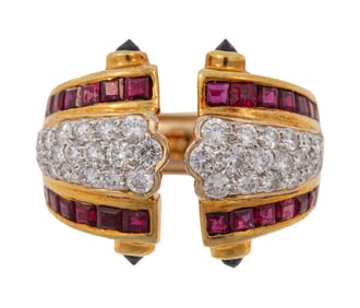 Rothschild's 18 kt. Yellow Gold, Ruby, Diamond, and Sapphire Ring