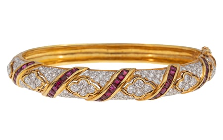 Rothschild's 18 kt. Yellow Gold, Diamond and Ruby Hinged Bangle Bracelet
