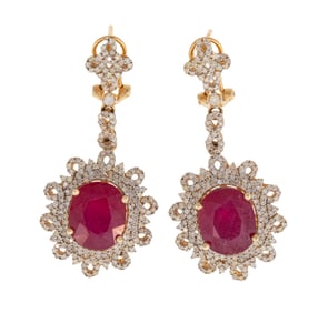 Pair of 14 kt. Yellow Gold, Diamond and Ruby Dangle Earrings