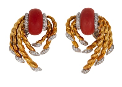 Pair of Piaget 18 kt. Yellow Gold, White Gold, Coral and Diamond Earrings